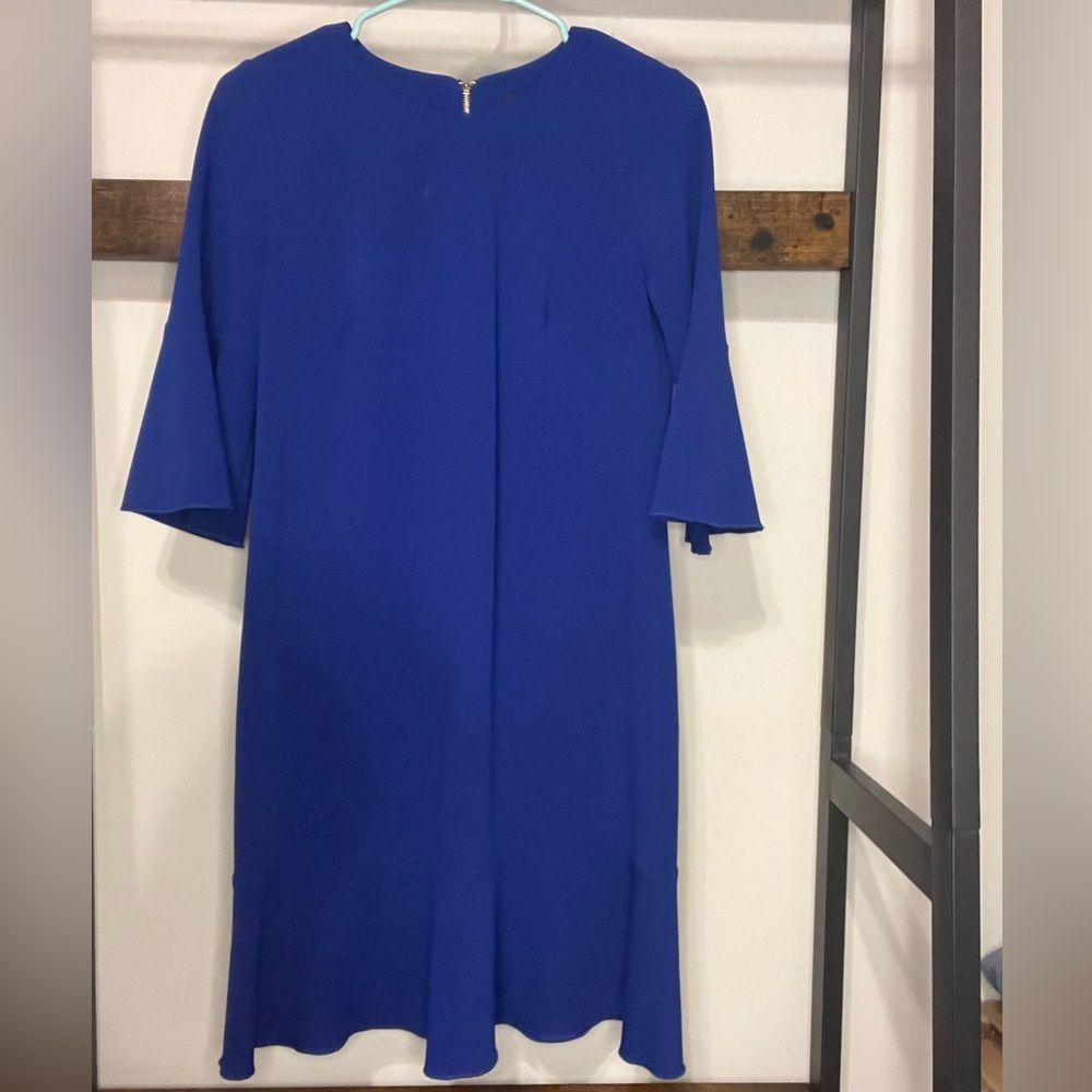 ELLEN TRACY Blue Bell Sleeve Ruffle Hem Exposed Back Zipper Size 6